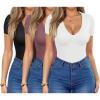 imageHOTOUCH Deep V Neck Tops for Women Sexy Low Cut Summer Ribbed Knit T Shirts Slim Fit Stretchy Basic Fashion Tee3 PackblackWhiteFuchisa