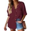 imageHOTOUCH Womens Linen Button Down Shirt Casual Long Sleeve Cotton Blouse Loose Fit Collared Work Gauze Tops with PocketWine Red