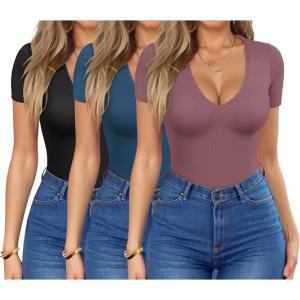 imageHOTOUCH Deep V Neck Tops for Women Sexy Low Cut Summer Ribbed Knit T Shirts Slim Fit Stretchy Basic Fashion Tee3 PackblackFuchisaBlue