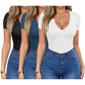imageHOTOUCH Deep V Neck Tops for Women Sexy Low Cut Summer Ribbed Knit T Shirts Slim Fit Stretchy Basic Fashion Tee3 PackblackWhiteBlue