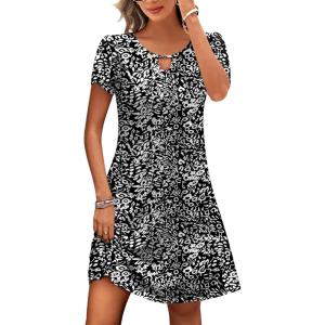 imageHOTOUCH Womens Casual ALine Dress with Pockets Summer Beach Floral Tshirt Dress Short Sleeve Mini Dress Flowy SundressesDarkwhite