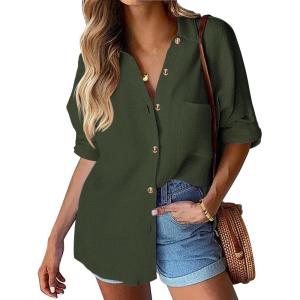 imageHOTOUCH Womens Linen Button Down Shirt Casual Long Sleeve Cotton Blouse Loose Fit Collared Work Gauze Tops with PocketArmy Green