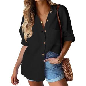 imageHOTOUCH Womens Linen Button Down Shirt Casual Long Sleeve Cotton Blouse Loose Fit Collared Work Gauze Tops with PocketBlack