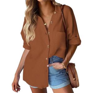 imageHOTOUCH Womens Linen Button Down Shirt Casual Long Sleeve Cotton Blouse Loose Fit Collared Work Gauze Tops with PocketBrown