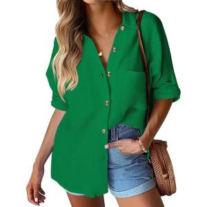 imageHOTOUCH Womens Linen Button Down Shirt Casual Long Sleeve Cotton Blouse Loose Fit Collared Work Gauze Tops with PocketDark Green