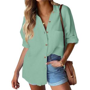 imageHOTOUCH Womens Linen Button Down Shirt Casual Long Sleeve Cotton Blouse Loose Fit Collared Work Gauze Tops with PocketGreen