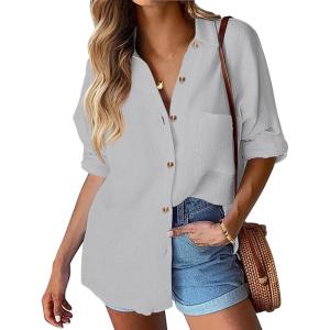imageHOTOUCH Womens Linen Button Down Shirt Casual Long Sleeve Cotton Blouse Loose Fit Collared Work Gauze Tops with PocketGrey