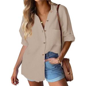 imageHOTOUCH Womens Linen Button Down Shirt Casual Long Sleeve Cotton Blouse Loose Fit Collared Work Gauze Tops with PocketKhaki