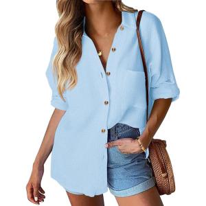 imageHOTOUCH Womens Linen Button Down Shirt Casual Long Sleeve Cotton Blouse Loose Fit Collared Work Gauze Tops with PocketLight Blue