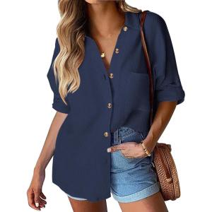 imageHOTOUCH Womens Linen Button Down Shirt Casual Long Sleeve Cotton Blouse Loose Fit Collared Work Gauze Tops with PocketNavy