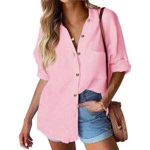 imageHOTOUCH Womens Linen Button Down Shirt Casual Long Sleeve Cotton Blouse Loose Fit Collared Work Gauze Tops with PocketPink