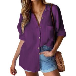 imageHOTOUCH Womens Linen Button Down Shirt Casual Long Sleeve Cotton Blouse Loose Fit Collared Work Gauze Tops with PocketPurple