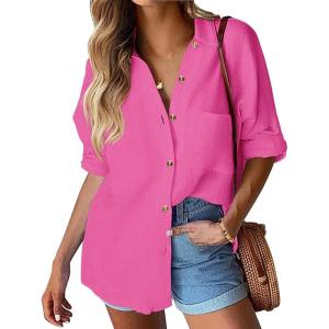 imageHOTOUCH Womens Linen Button Down Shirt Casual Long Sleeve Cotton Blouse Loose Fit Collared Work Gauze Tops with PocketRose Red