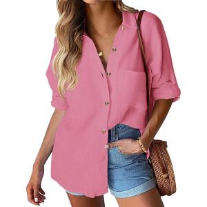 imageHOTOUCH Womens Linen Button Down Shirt Casual Long Sleeve Cotton Blouse Loose Fit Collared Work Gauze Tops with PocketWatermelon Pink