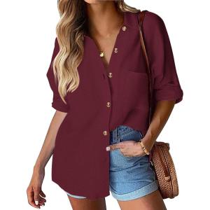 imageHOTOUCH Womens Linen Button Down Shirt Casual Long Sleeve Cotton Blouse Loose Fit Collared Work Gauze Tops with PocketWine Red
