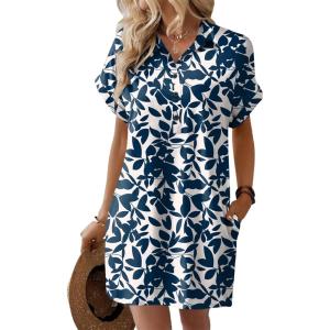 imageHOTOUCH Womens Summer Shirt Dress Short Sleeve Floral Shift Dresses Casual Loose Flowy Beach Sundress with PocketsA01blue Leaf Print