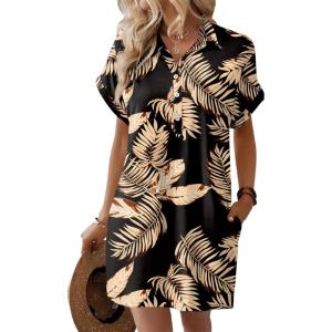 imageHOTOUCH Womens Summer Shirt Dress Short Sleeve Floral Shift Dresses Casual Loose Flowy Beach Sundress with PocketsBlack Khaki Leaves
