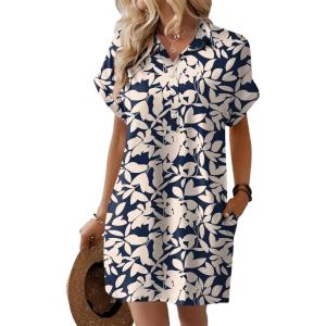 imageHOTOUCH Womens Summer Shirt Dress Short Sleeve Floral Shift Dresses Casual Loose Flowy Beach Sundress with PocketsBlue Leaf Print