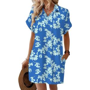 imageHOTOUCH Womens Summer Shirt Dress Short Sleeve Floral Shift Dresses Casual Loose Flowy Beach Sundress with PocketsBlue Leaves