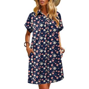 imageHOTOUCH Womens Summer Shirt Dress Short Sleeve Floral Shift Dresses Casual Loose Flowy Beach Sundress with PocketsBlue Pink Floral