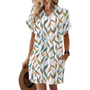 imageHOTOUCH Womens Summer Shirt Dress Short Sleeve Floral Shift Dresses Casual Loose Flowy Beach Sundress with PocketsColorful Leaves