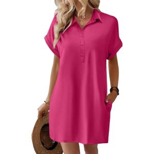 imageHOTOUCH Womens Summer Shirt Dress Short Sleeve Floral Shift Dresses Casual Loose Flowy Beach Sundress with PocketsHot Pink