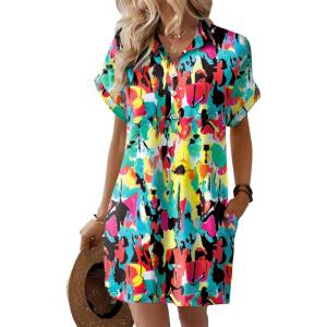 imageHOTOUCH Womens Summer Shirt Dress Short Sleeve Floral Shift Dresses Casual Loose Flowy Beach Sundress with PocketsMulticolor
