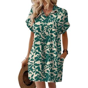 imageHOTOUCH Womens Summer Shirt Dress Short Sleeve Floral Shift Dresses Casual Loose Flowy Beach Sundress with PocketsPink Leaf Print