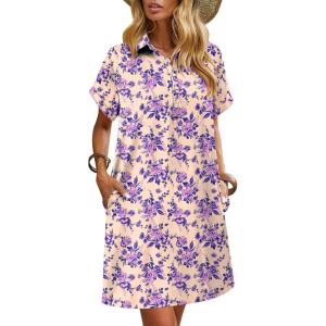 imageHOTOUCH Womens Summer Shirt Dress Short Sleeve Floral Shift Dresses Casual Loose Flowy Beach Sundress with PocketsPurple Floral
