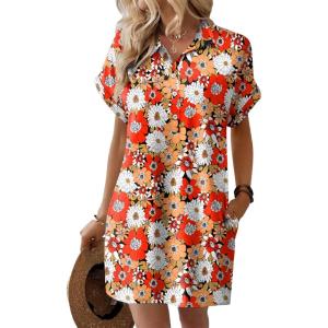 imageHOTOUCH Womens Summer Shirt Dress Short Sleeve Floral Shift Dresses Casual Loose Flowy Beach Sundress with PocketsWhite Red Orange Floral