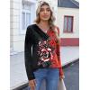 imageHOTOUCH Womens Fall Tunics Long Sleeve Tops Cross V Neck Shirts Loose Casual Blouses with Decor ButtonBlack Red Floral