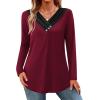 imageHOTOUCH Womens Fall Tunics Long Sleeve Tops Cross V Neck Shirts Loose Casual Blouses with Decor ButtonBurgundy