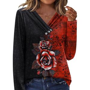 imageHOTOUCH Womens Fall Tunics Long Sleeve Tops Cross V Neck Shirts Loose Casual Blouses with Decor ButtonBlack Red Floral