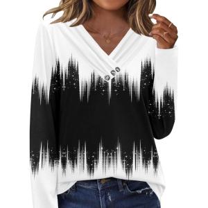 imageHOTOUCH Womens Fall Tunics Long Sleeve Tops Cross V Neck Shirts Loose Casual Blouses with Decor ButtonBlackwhite