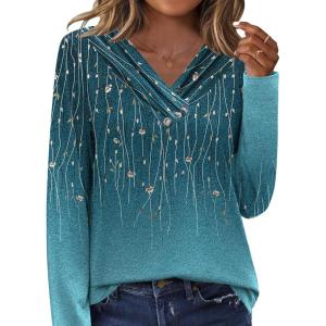 imageHOTOUCH Womens Fall Tunics Long Sleeve Tops Cross V Neck Shirts Loose Casual Blouses with Decor ButtonBlue Gradient