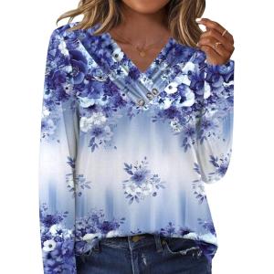 imageHOTOUCH Womens Fall Tunics Long Sleeve Tops Cross V Neck Shirts Loose Casual Blouses with Decor ButtonBlue Purple Floral