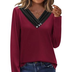 imageHOTOUCH Womens Fall Tunics Long Sleeve Tops Cross V Neck Shirts Loose Casual Blouses with Decor ButtonBurgundy