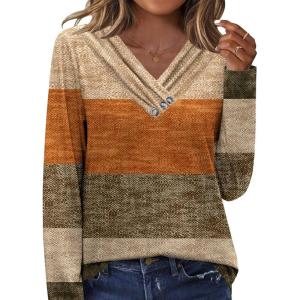 imageHOTOUCH Womens Fall Tunics Long Sleeve Tops Cross V Neck Shirts Loose Casual Blouses with Decor ButtonCaramel