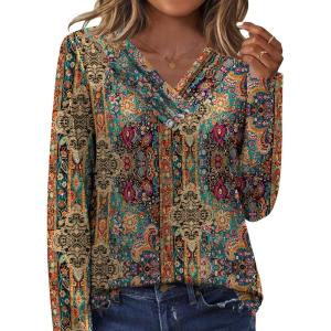 imageHOTOUCH Womens Fall Tunics Long Sleeve Tops Cross V Neck Shirts Loose Casual Blouses with Decor ButtonEthnic Print