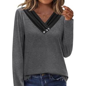 imageHOTOUCH Womens Fall Tunics Long Sleeve Tops Cross V Neck Shirts Loose Casual Blouses with Decor ButtonGrey