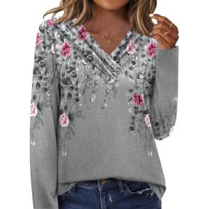 imageHOTOUCH Womens Fall Tunics Long Sleeve Tops Cross V Neck Shirts Loose Casual Blouses with Decor ButtonGrey Floral 01