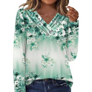imageHOTOUCH Womens Fall Tunics Long Sleeve Tops Cross V Neck Shirts Loose Casual Blouses with Decor ButtonLight Green Floral