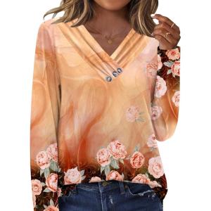 imageHOTOUCH Womens Fall Tunics Long Sleeve Tops Cross V Neck Shirts Loose Casual Blouses with Decor ButtonOrange Floral