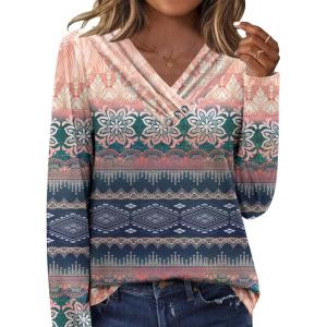 imageHOTOUCH Womens Fall Tunics Long Sleeve Tops Cross V Neck Shirts Loose Casual Blouses with Decor ButtonPink Blue Floral