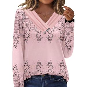 imageHOTOUCH Womens Fall Tunics Long Sleeve Tops Cross V Neck Shirts Loose Casual Blouses with Decor ButtonPink Floral