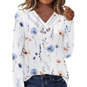 imageHOTOUCH Womens Fall Tunics Long Sleeve Tops Cross V Neck Shirts Loose Casual Blouses with Decor ButtonWhite Floral