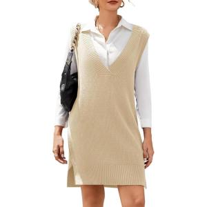 imageHOTOUCH Womens V Neck Sweater Vest Dress Oversized Sleeveless Casual Pullover Sweater Fall Winter Knit Slit Short DressApricot