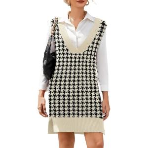 imageHOTOUCH Womens V Neck Sweater Vest Dress Oversized Sleeveless Casual Pullover Sweater Fall Winter Knit Slit Short DressApricot Houndstooth