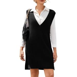 imageHOTOUCH Womens V Neck Sweater Vest Dress Oversized Sleeveless Casual Pullover Sweater Fall Winter Knit Slit Short DressBlack