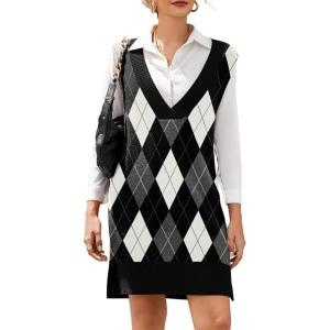 imageHOTOUCH Womens V Neck Sweater Vest Dress Oversized Sleeveless Casual Pullover Sweater Fall Winter Knit Slit Short DressBlack Diamond